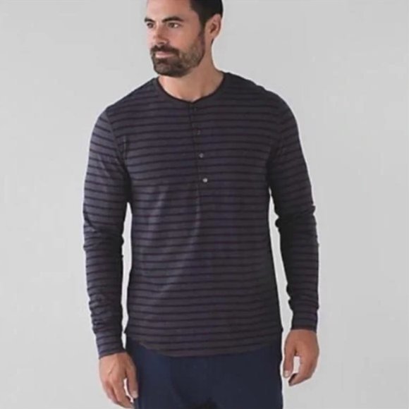 Lululemon Mens Field Henley Heathered Yachtie Stripe Dark Grey Deep Zinfandel XL - Picture 1 of 10